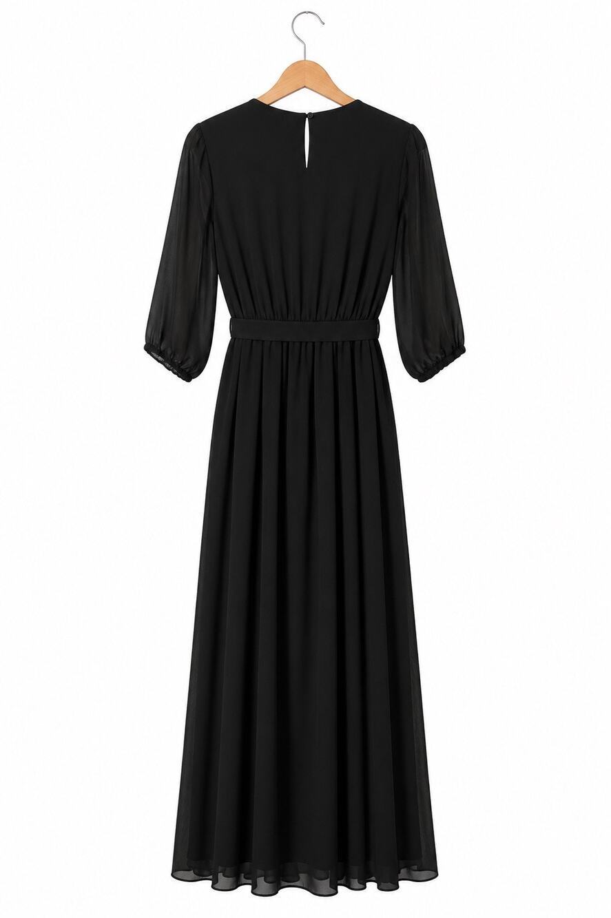 Baltic Born Black Maxi Dress XL Sheer Sleeve Tie Waist Keyhole Back Formal